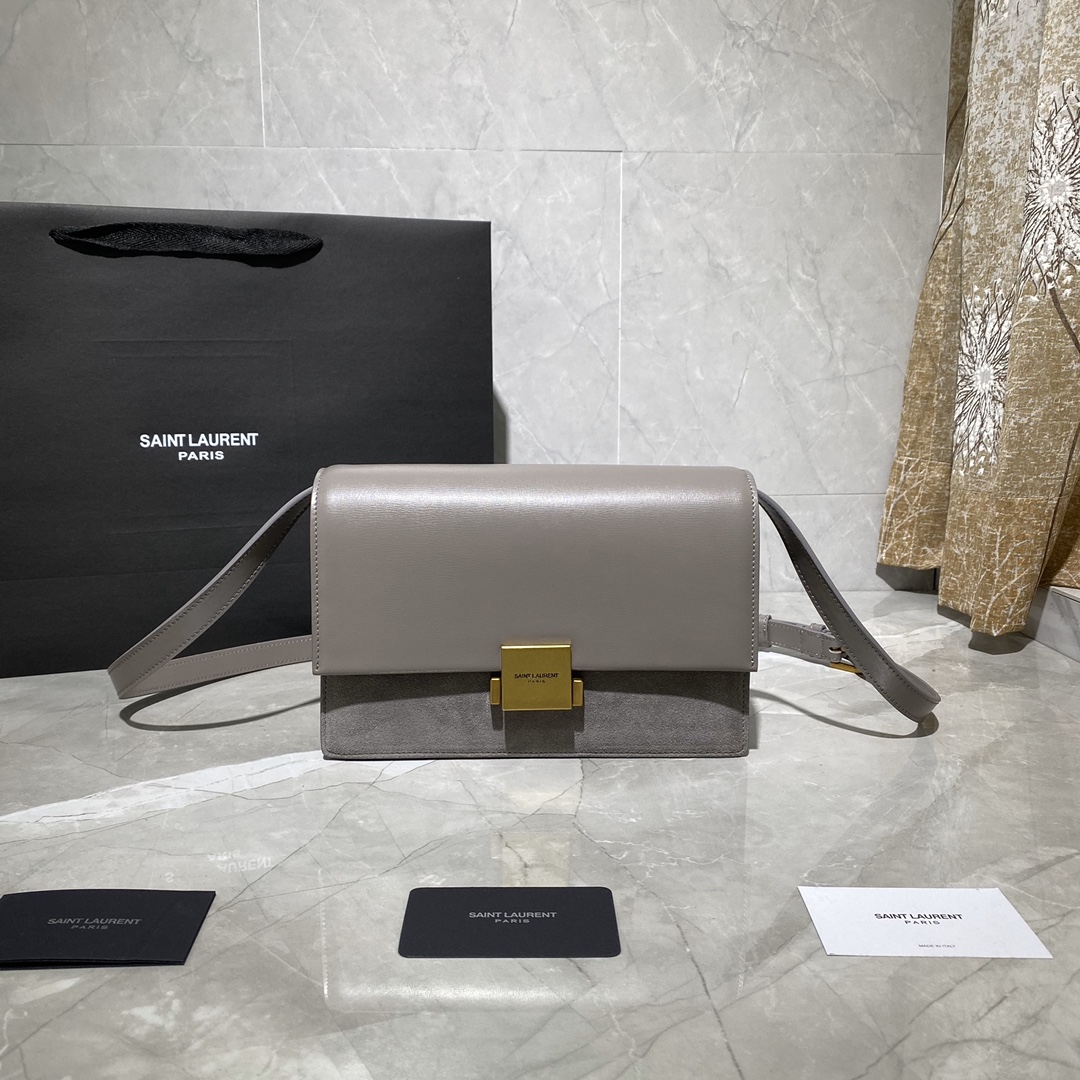 y51 medium bellechasse in leather and suede grey and G01den 482044 24 x 16 x 7 cm