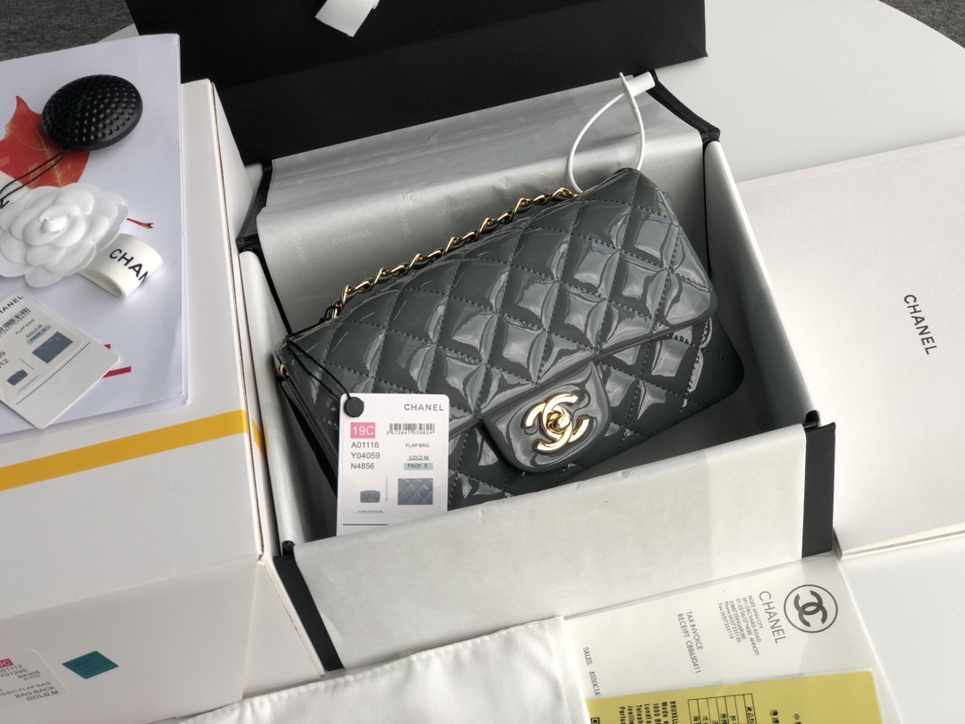 ch**el cf mini patent calfskin & G01den metal grey bag 20cm