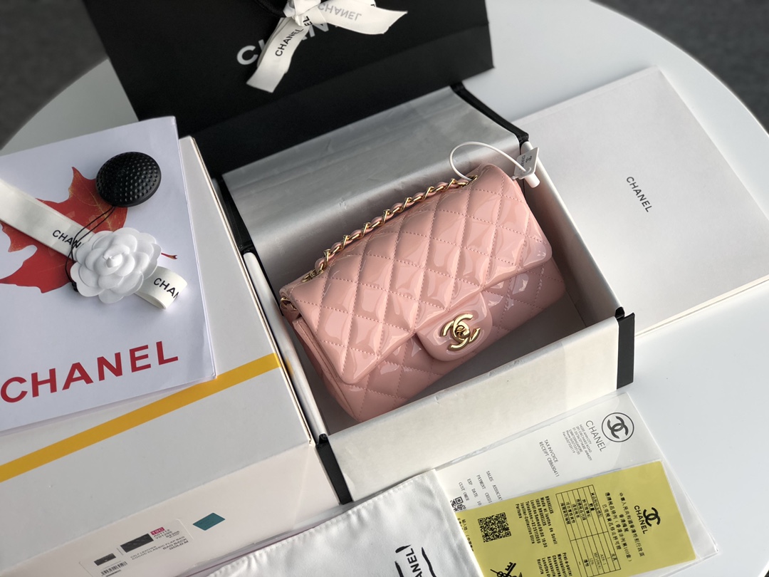 ch**el cf mini patent calfskin & G01den metal pink rose bag 20cm