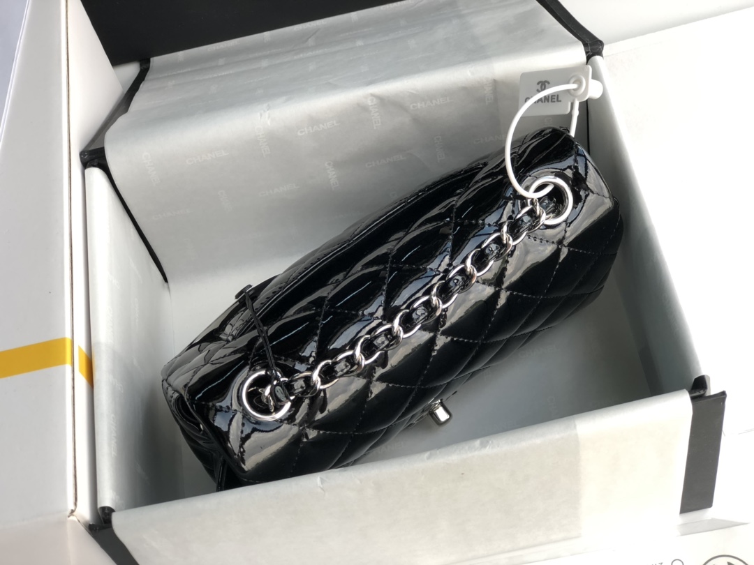 Ch**el cf mini patent calfskin & silver metal black bag 20cm