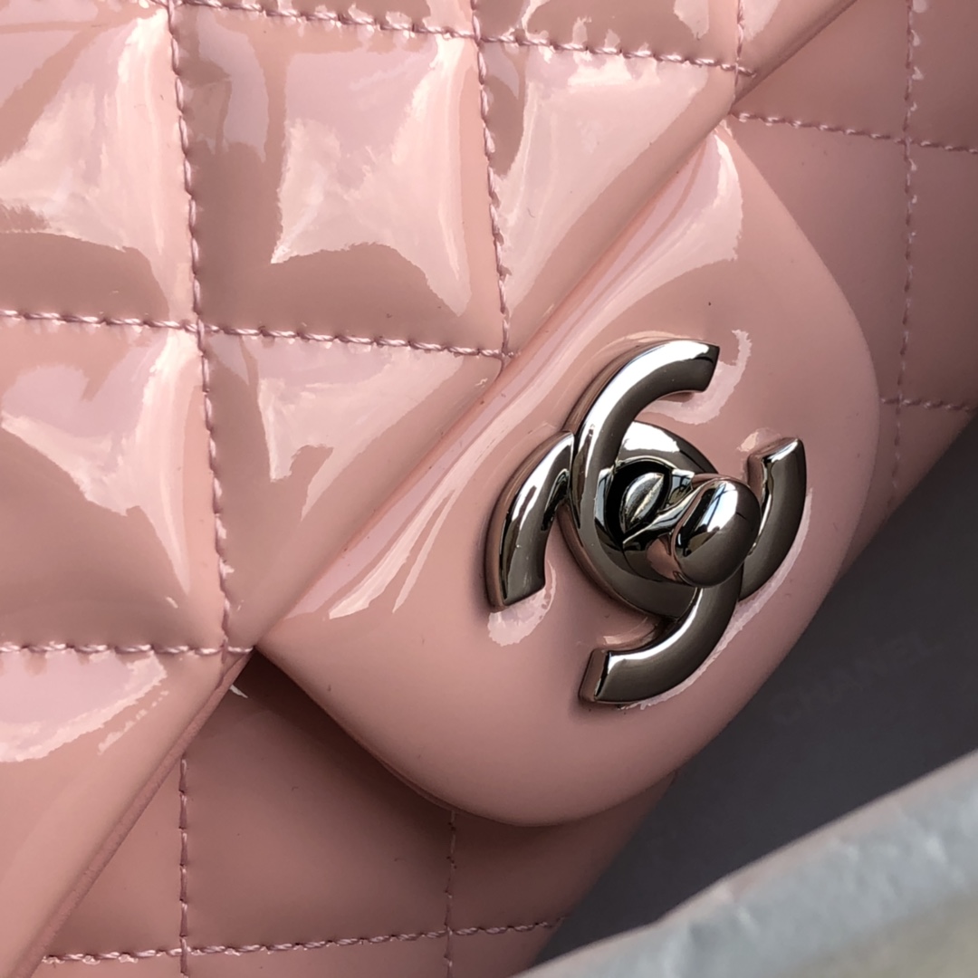 Ch**el cf mini patent calfskin & silver metal rose pink bag 20cm