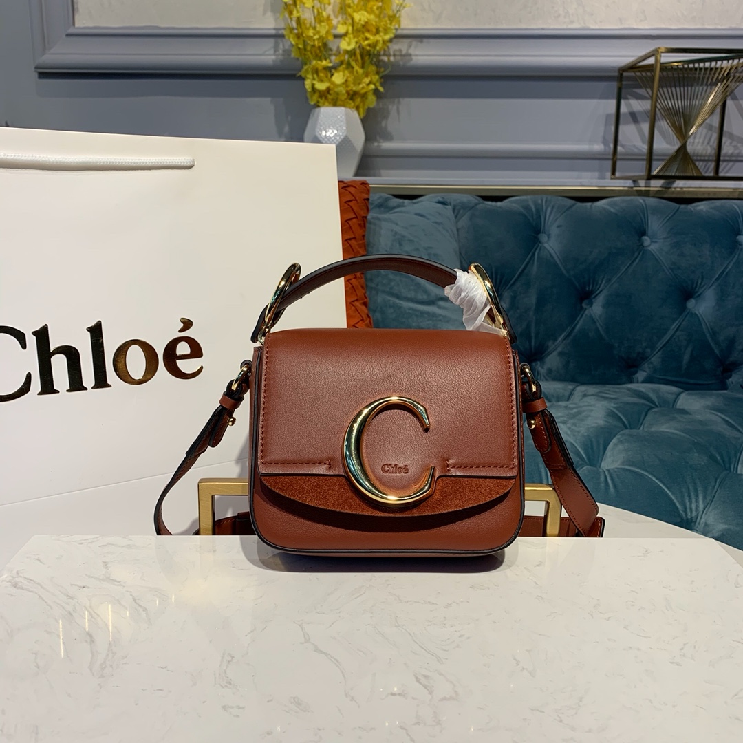 Ch10e mini c bag in shiny & suede calfskin arizona brown chc19us193 16.5 x 5 x 14 cm