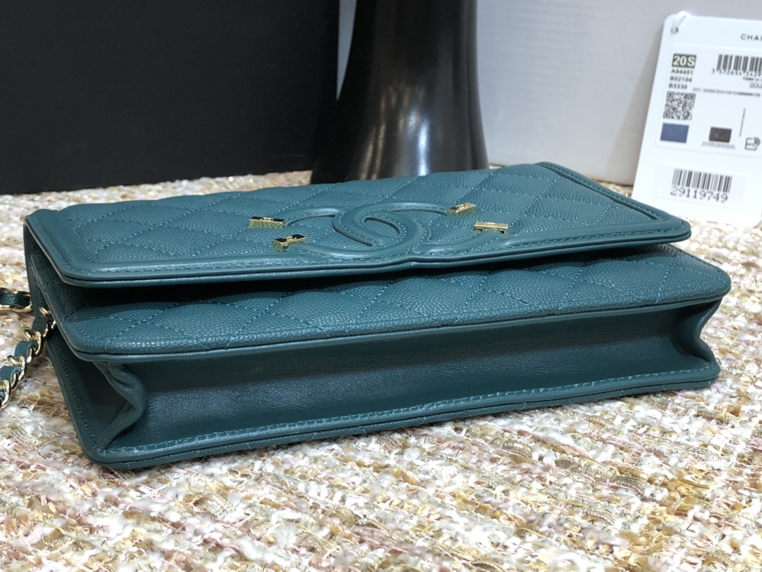 Ch**el cc filigree woc grain leather midnight a84451 19.5 × 3.5 × 12 cm