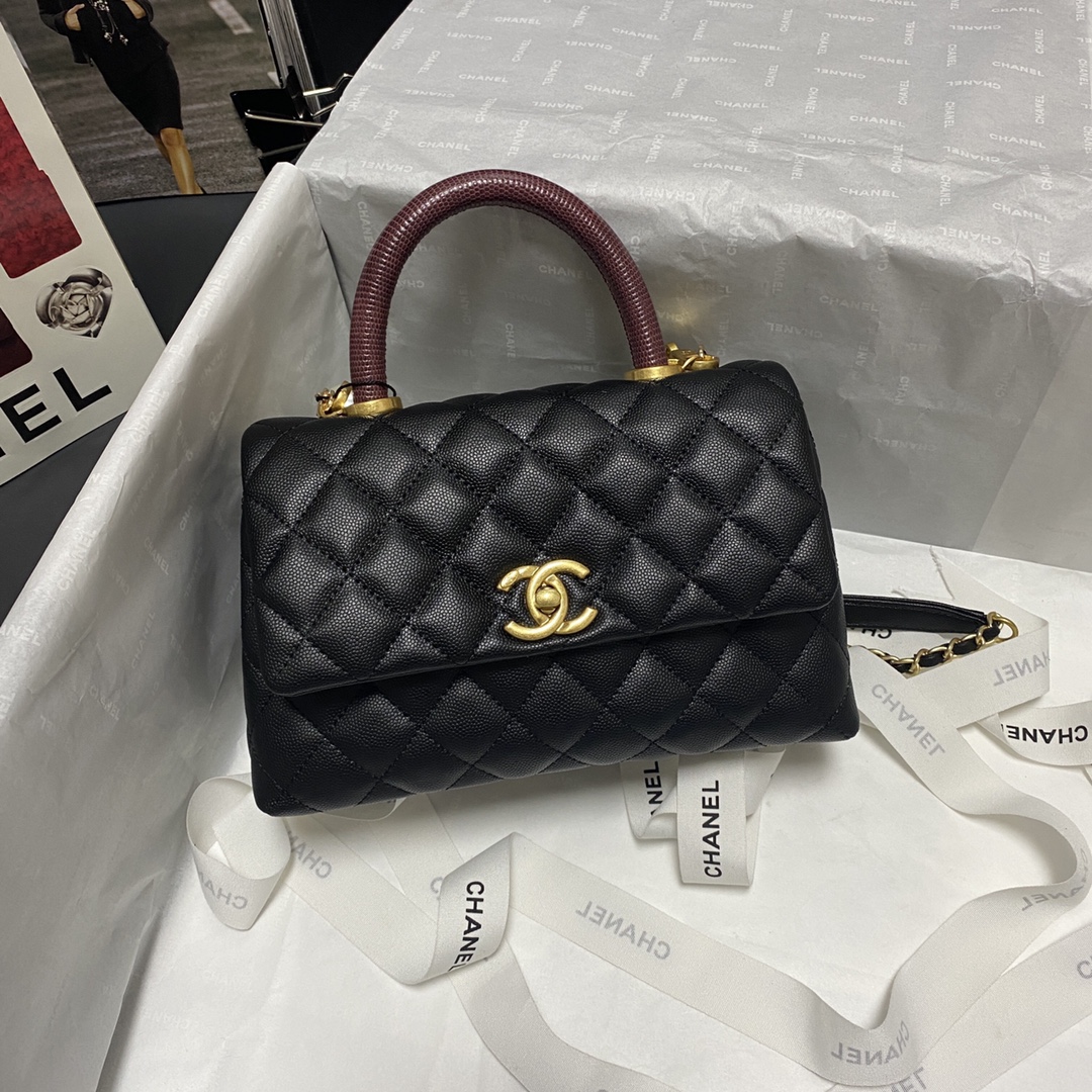 Ch**el flap bag with black top handle grained calfskin gold metal black and burgundy a92990 23 cm