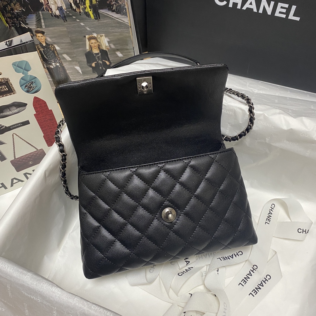Ch**el flap bag with black top handle grained calfskin silver metal black a92990 23 cm