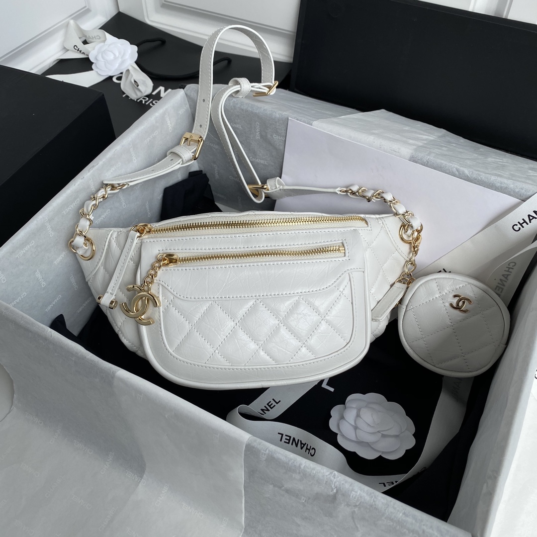Ch**el aged calfskin waist bag & coin purses white as1077 34 x 15 x 6 cm