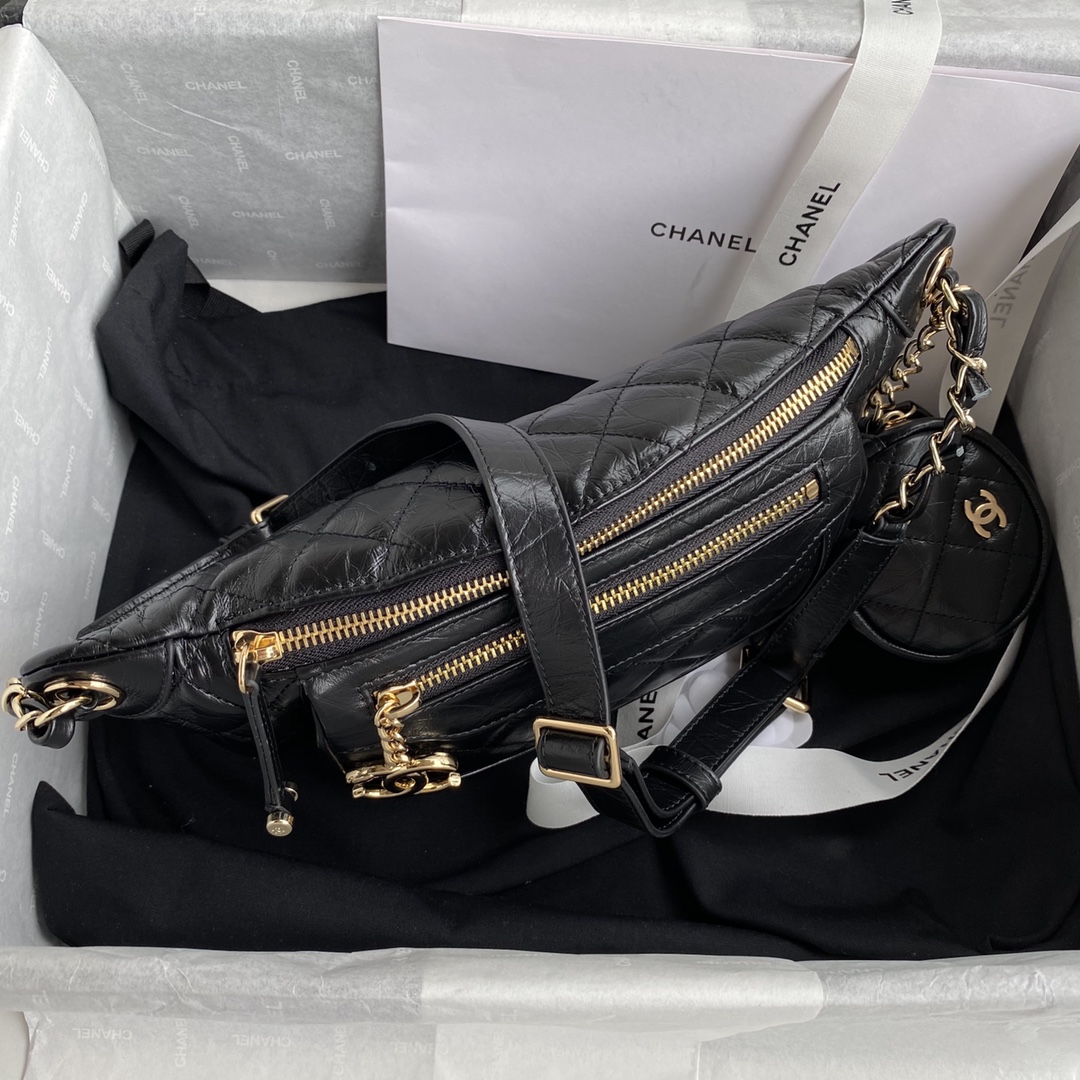 Ch**el aged calfskin waist bag & coin purses black as1077 34 x 15 x 6 cm