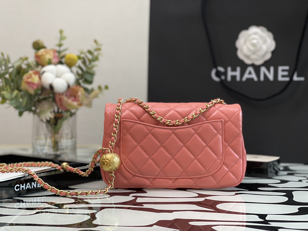 Ch**el charm strap flap bag lambskin pink as1787 17 x 20 cm