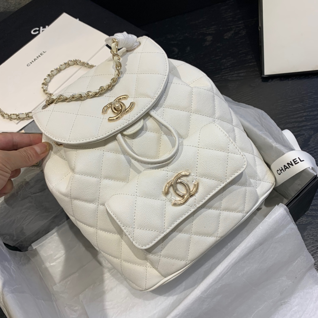 Ch**el backpack grained calfskin white as1371 21.5 x 24 x 12 cm