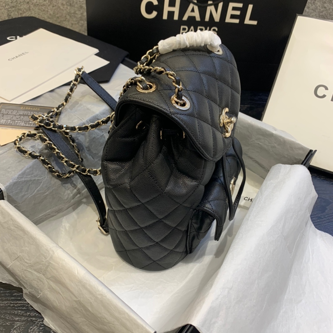Ch**el backpack grained calfskin black as1371 21.5 x 24 x 12 cm