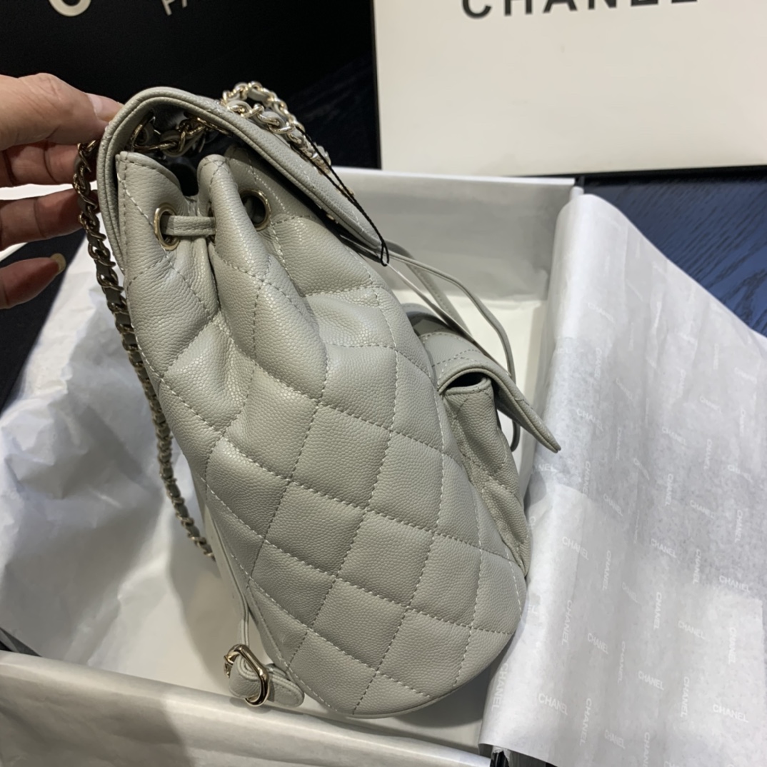 Ch**el backpack grained calfskin grey as1371 21.5 x 24 x 12 cm