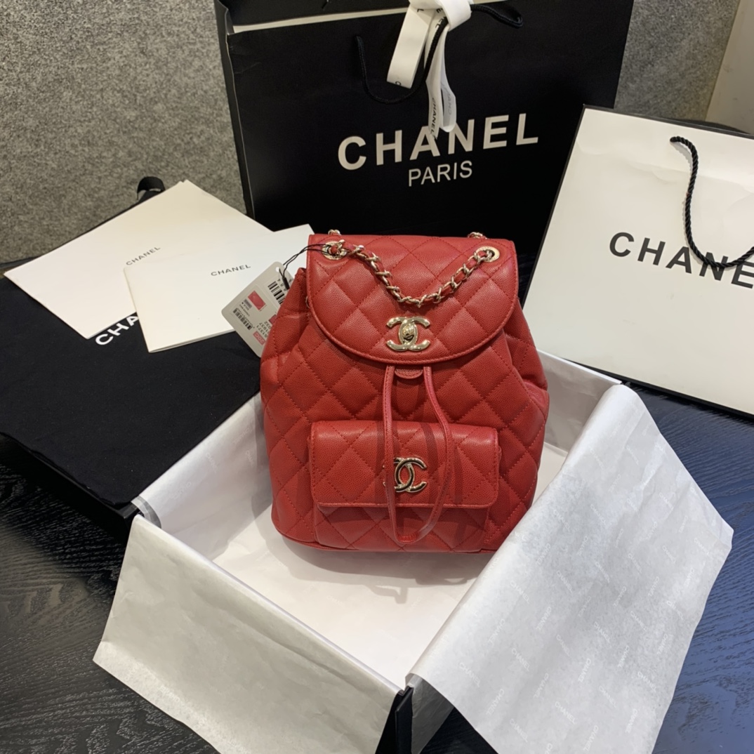 Ch**el backpack grained calfskin red as1371 21.5 x 24 x 12 cm
