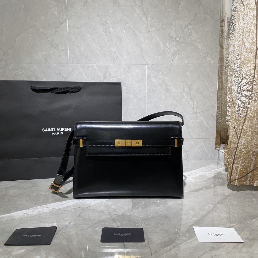 y51 manhattan shoulder bag in box Sa1nt Lau*nt leather black 579271 29 x 20.5 x 7 cm
