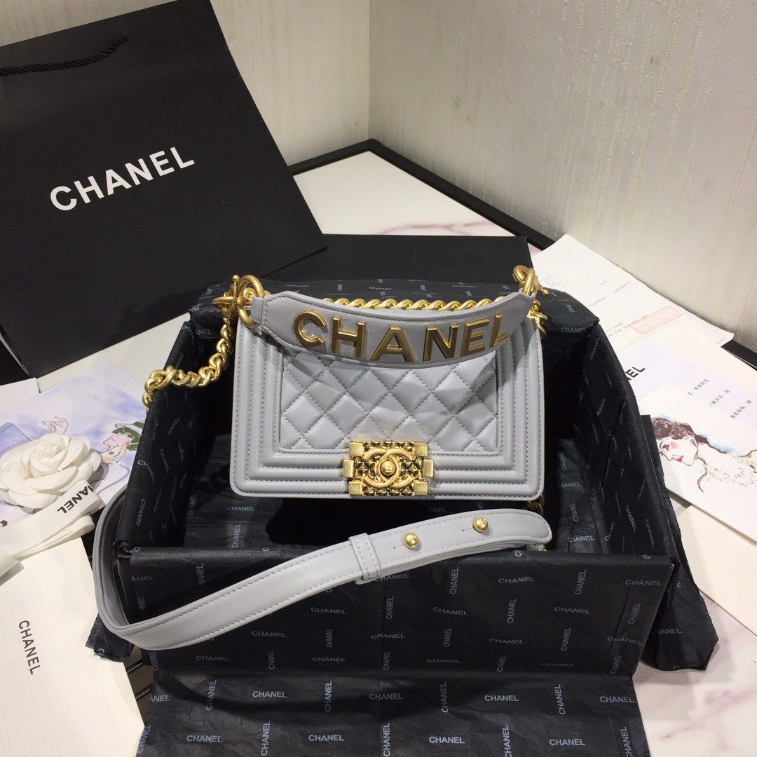 Ch**el small original lambskin leather boy flap bag grey 20cm