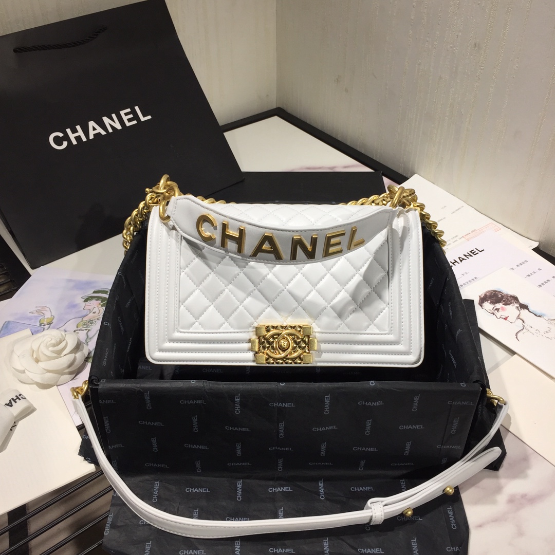 Ch**el small original lambskin leather boy flap bag white 25 cm