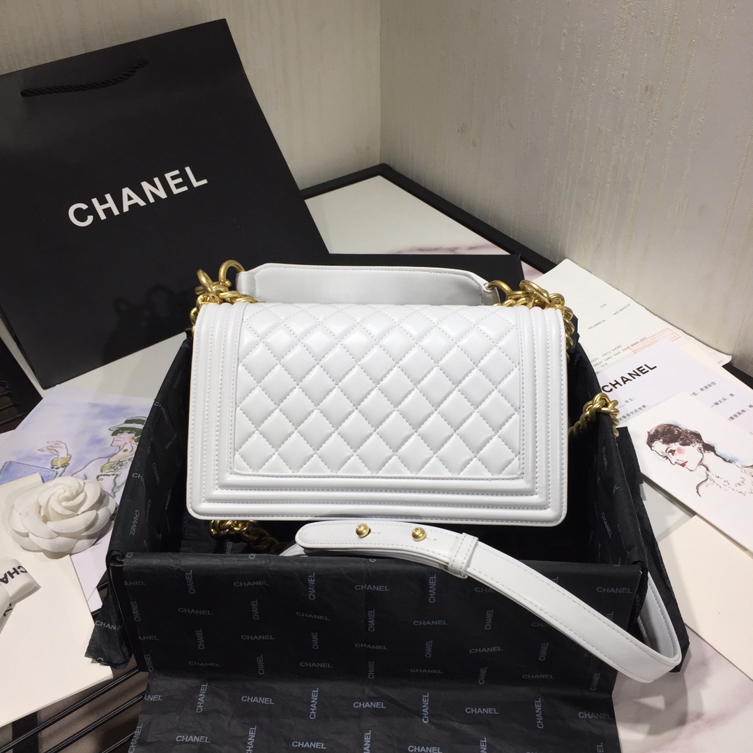Ch**el small original lambskin leather boy flap bag white 25 cm