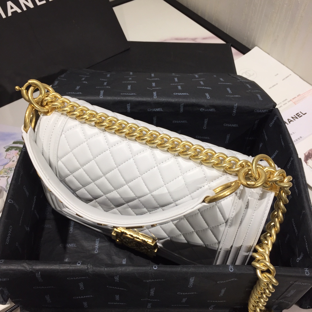 Ch**el small original lambskin leather boy flap bag white 25 cm