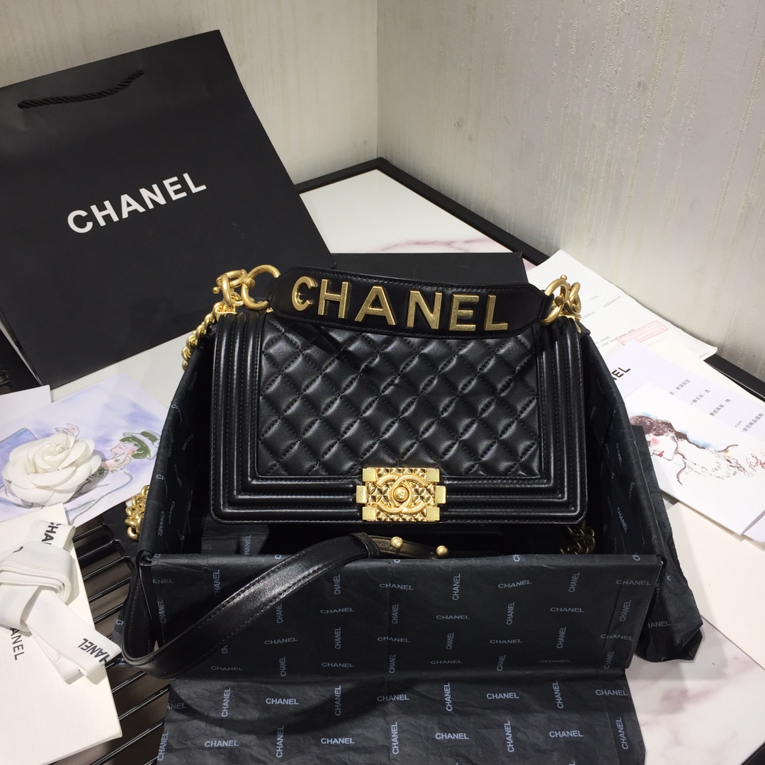 Ch**el small original lambskin leather boy flap bag black 25 cm