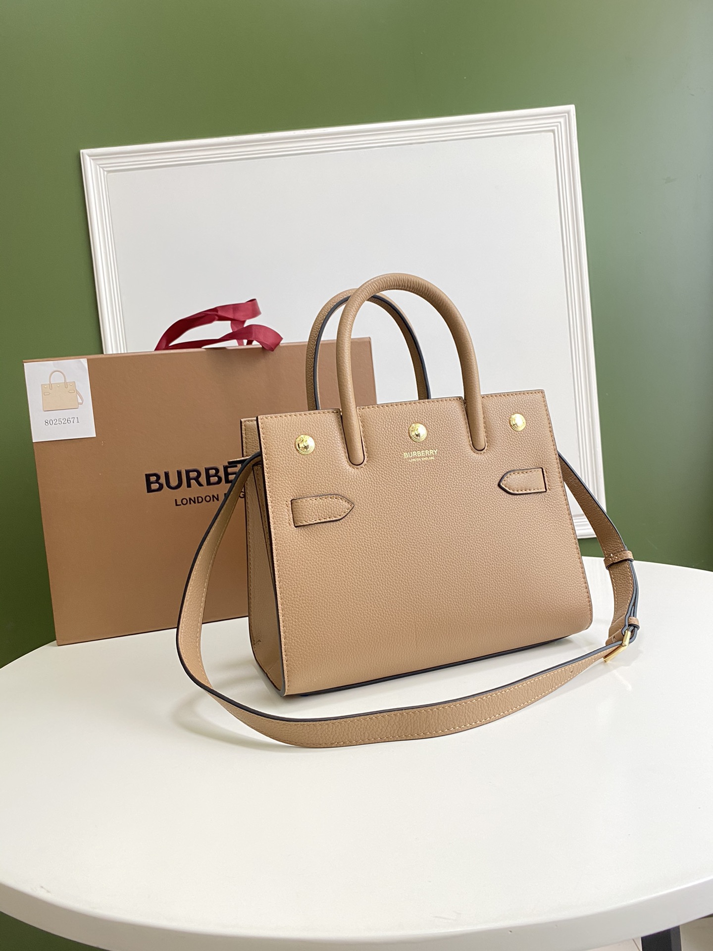 Bv*b*rry mini leather two-handle title bag light beige 80254721 26 x 13.5 x 20 cm