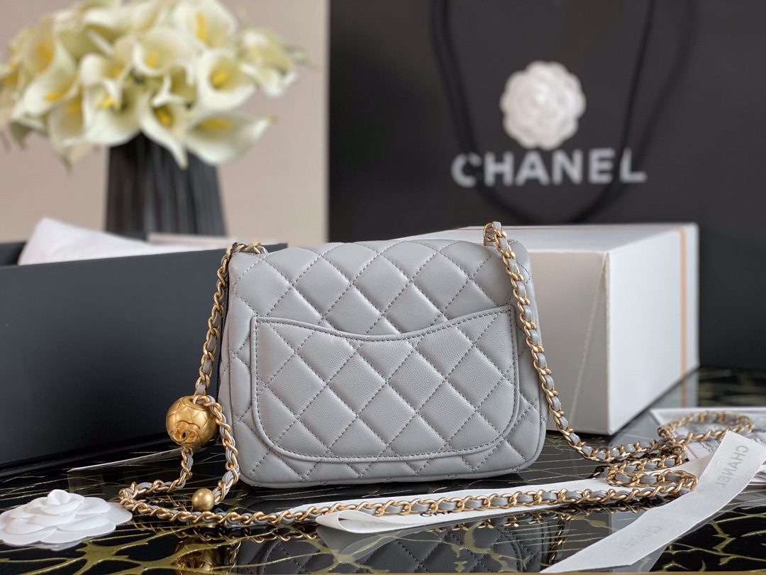 Ch**el small charm strap flap bag lambskin grey as1786 13 x 18 x 7 cm
