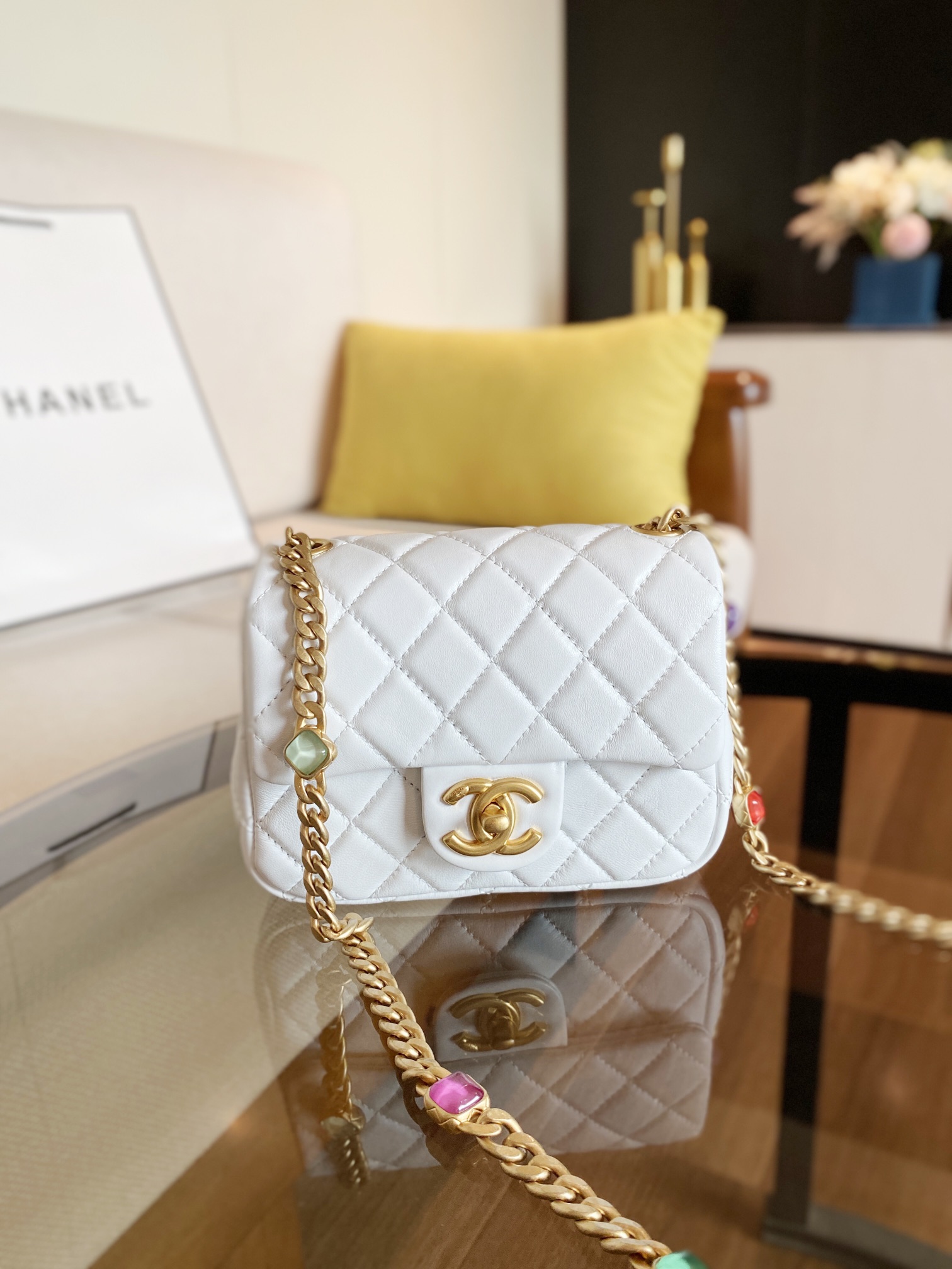 Ch**el mini square resin bag stones chain lambskin white as2379 13 x 17 x 7 cm