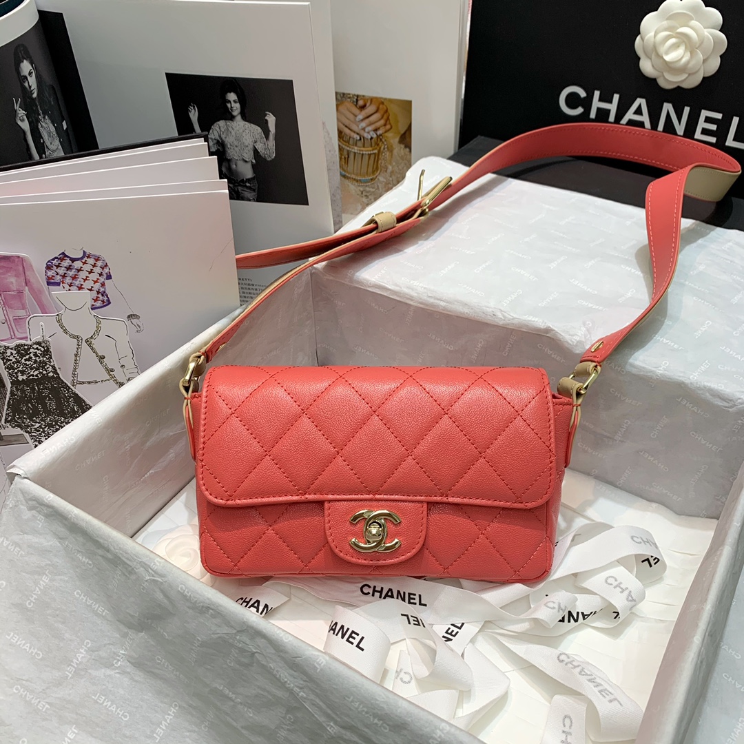 Ch**el calfskin flap bag coral as2273 20cm