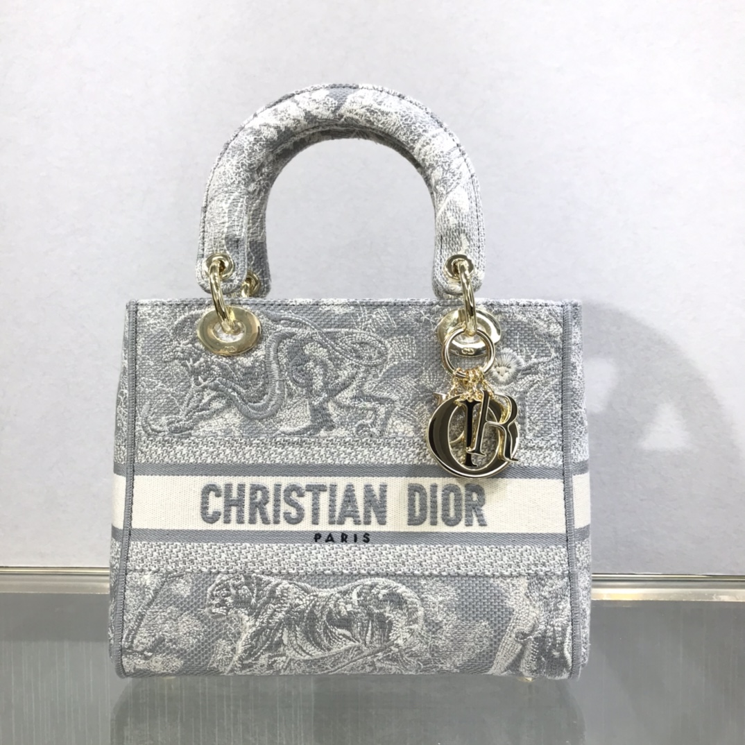D10r medium lady d-lite bag gray toile de jouy reverse embroidery m0565 23.5 x 20 x 13 cm