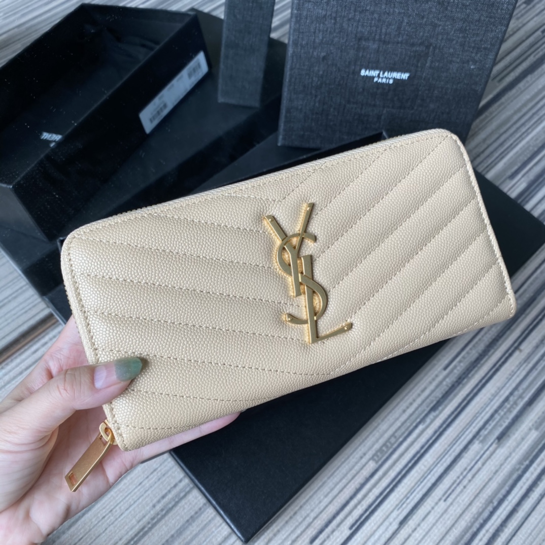Y51 monogram zip around wallet in grain de poudre embossed leather light beige 358094 19 x 9 cm