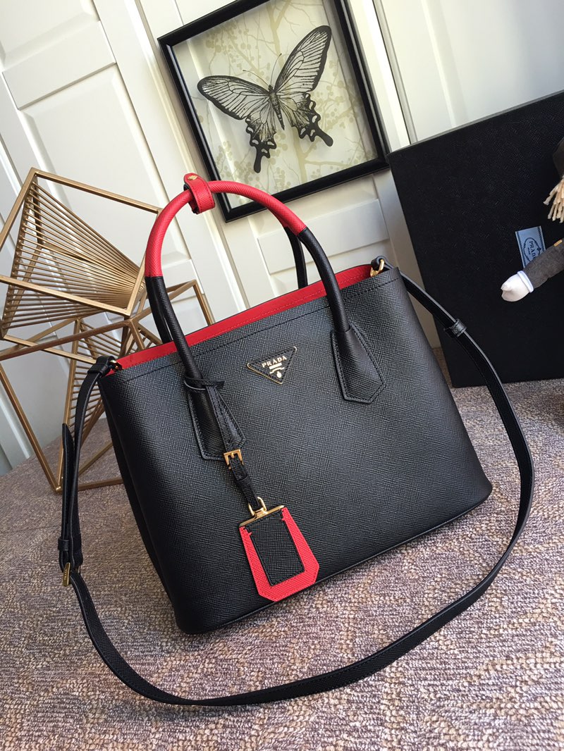 Pra*a medium saffiano leather double Pra*a bag black and red 1bg775 33 x 24.5 x 14 cm