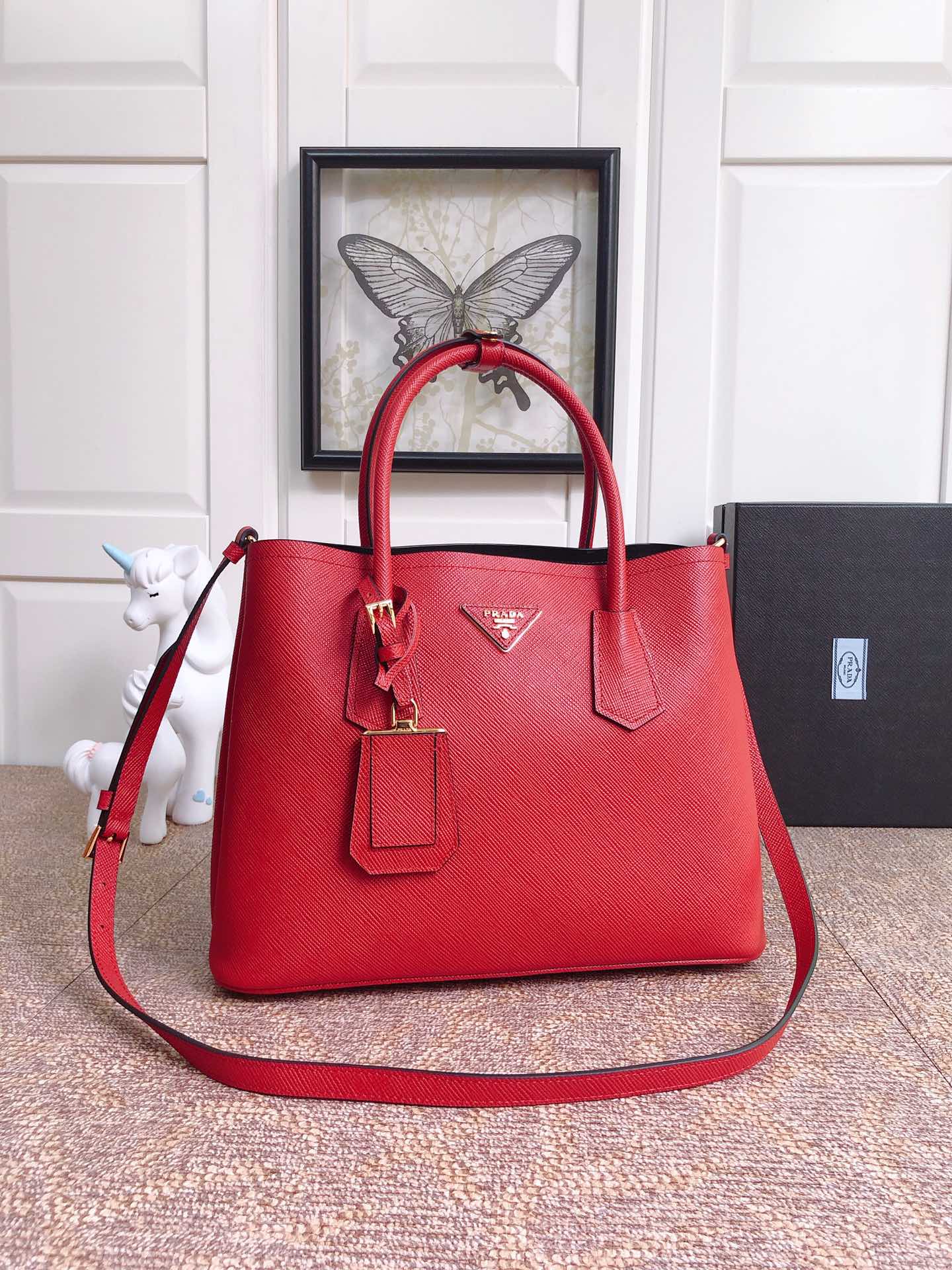 Pra*a medium saffiano leather double Pra*a bag red 1bg775 33 x 24.5 x 14 cm