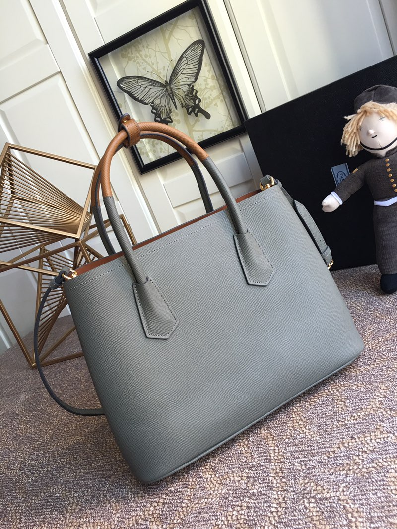 Pra*a medium saffiano leather double Pra*a bag gray and brown 1bg775 33 x 24.5 x 14 cm