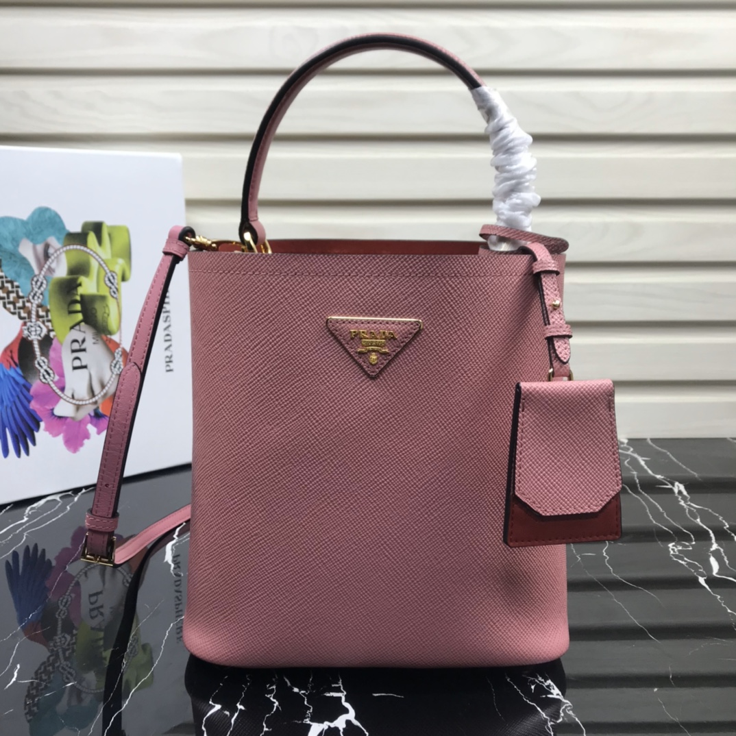 Pra*a medium panier saffiano leather bag light pink and red 1ba212 22 × 23 × 13 cm