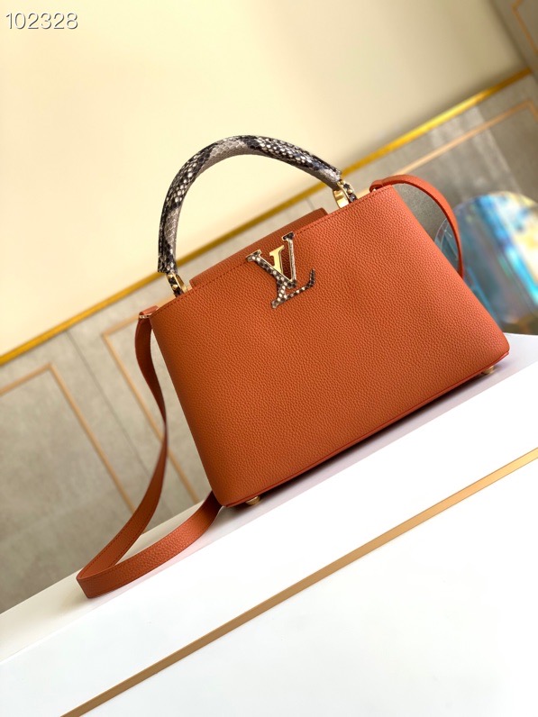 l0vis Vvtt0n capucines mm bag python leather trim and taurillon leather brown n92800 31.5 × 20 × 11 cm