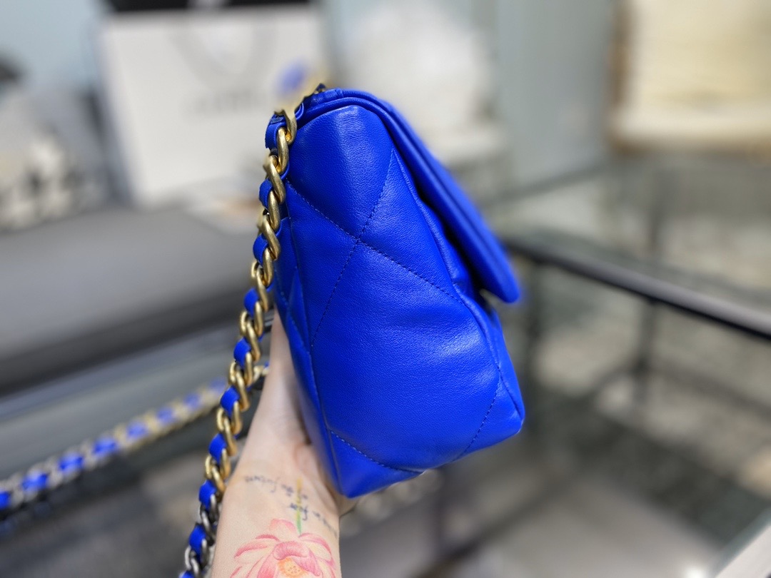 Ch**el 19 handbag lambskin neon blue as1160 26cm