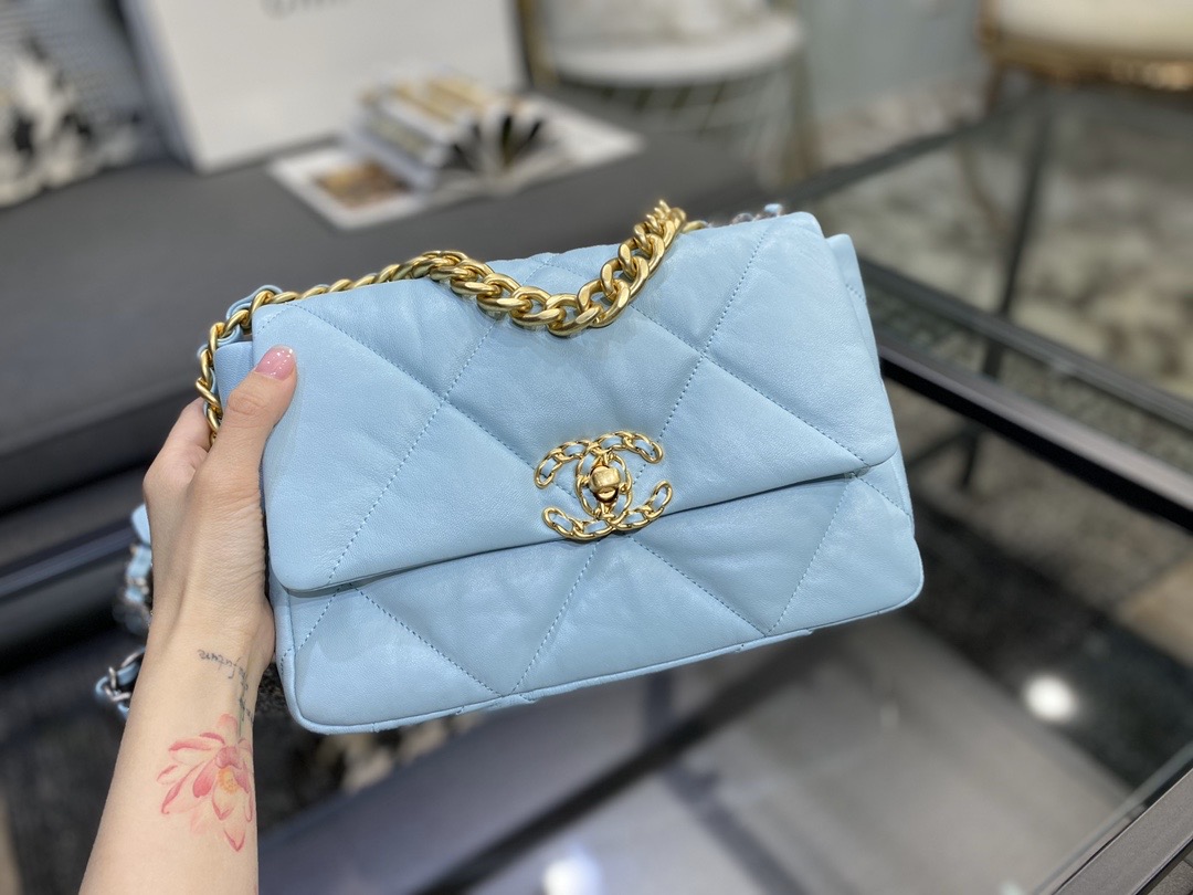 Ch**el 19 handbag lambskin light blue as1160 26cm