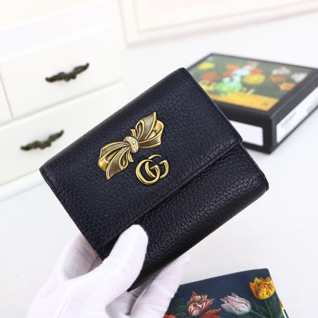 Gvc*1 leather wallet with bow black and pink 524294 12.5 x 10 x 3 cm