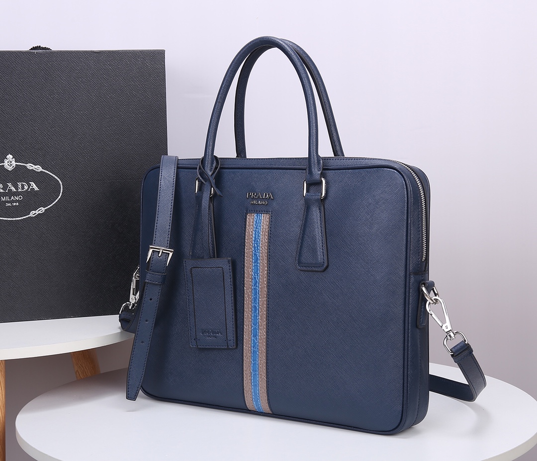 Pra*a briefcase crocodile pattern blue and brown 2ve365 36 x 28 x 4 cm
