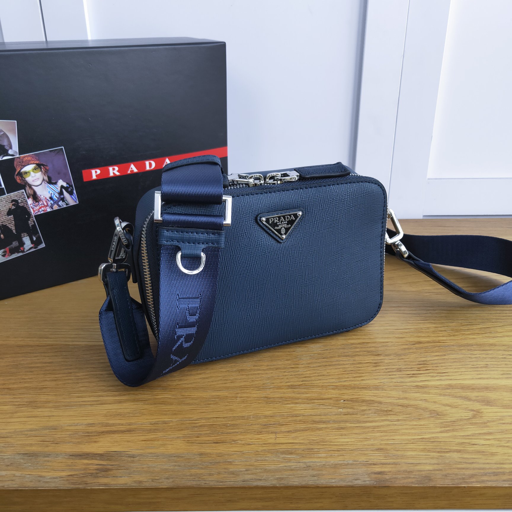 Pra*a brique saffiano leather cross-body bag blue 2vh070 18 x 12 x 5.5 cm