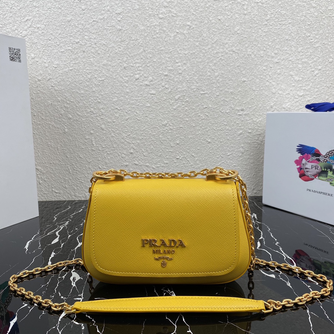 pra*a saffiano leather shoulder bag G01den metal yellow 1bd275 22 x 14 x 6.5 cm
