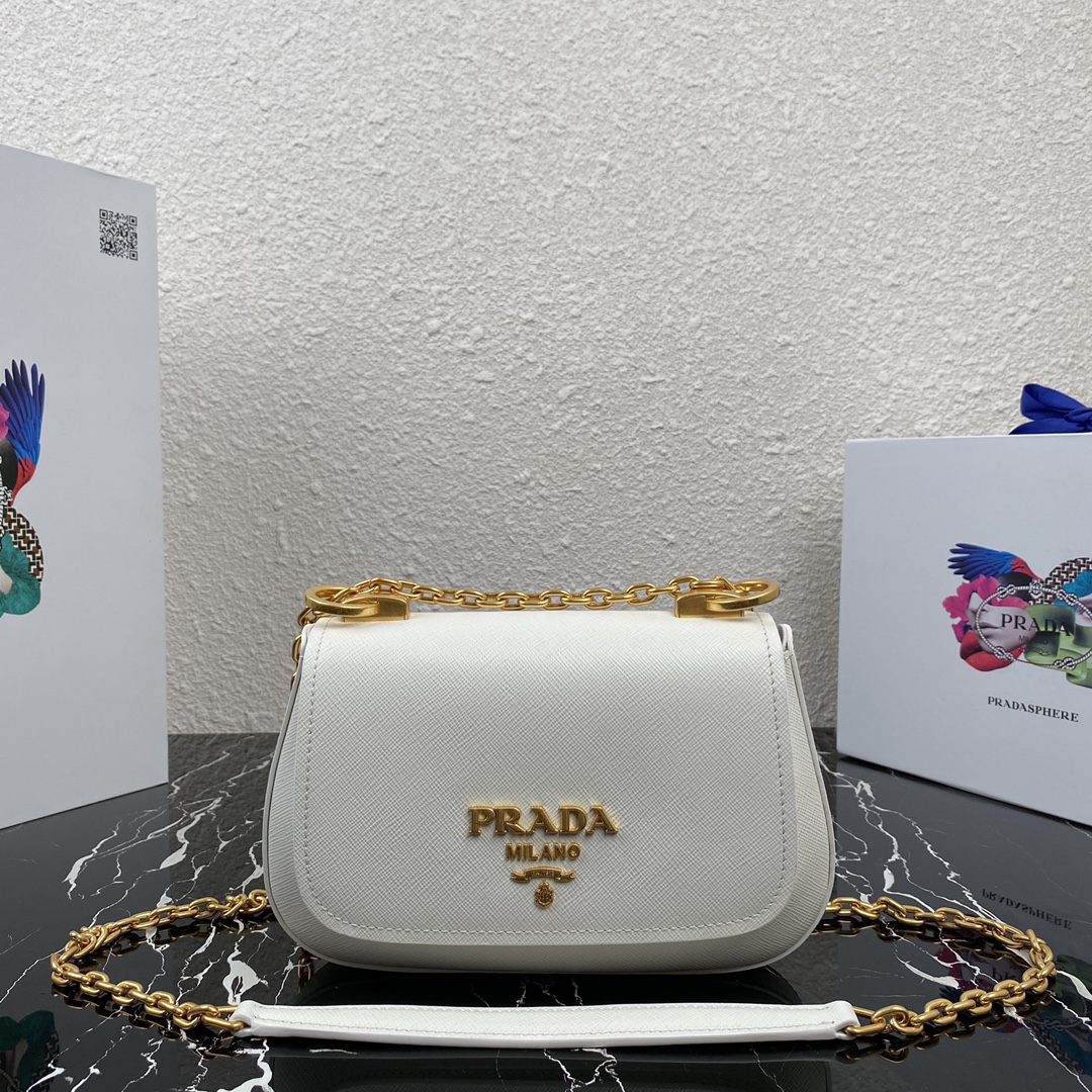 pra*a saffiano leather shoulder bag G01den metal white 1bd275 22 x 14 x 6.5 cm