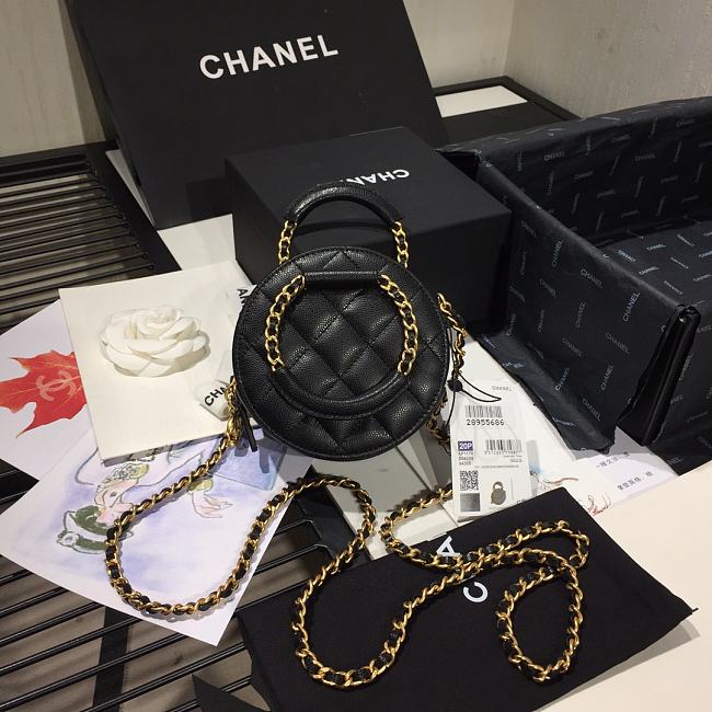Ch**el woven chain handle round bag black ap1176 12 x 12 x 5 cm