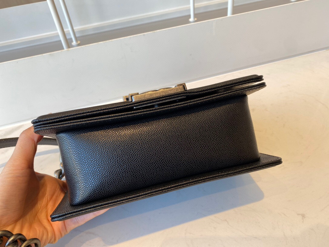 Ch**el small boy handbag grained calfskin & ruthenium-finish metal black a67085 20 cm