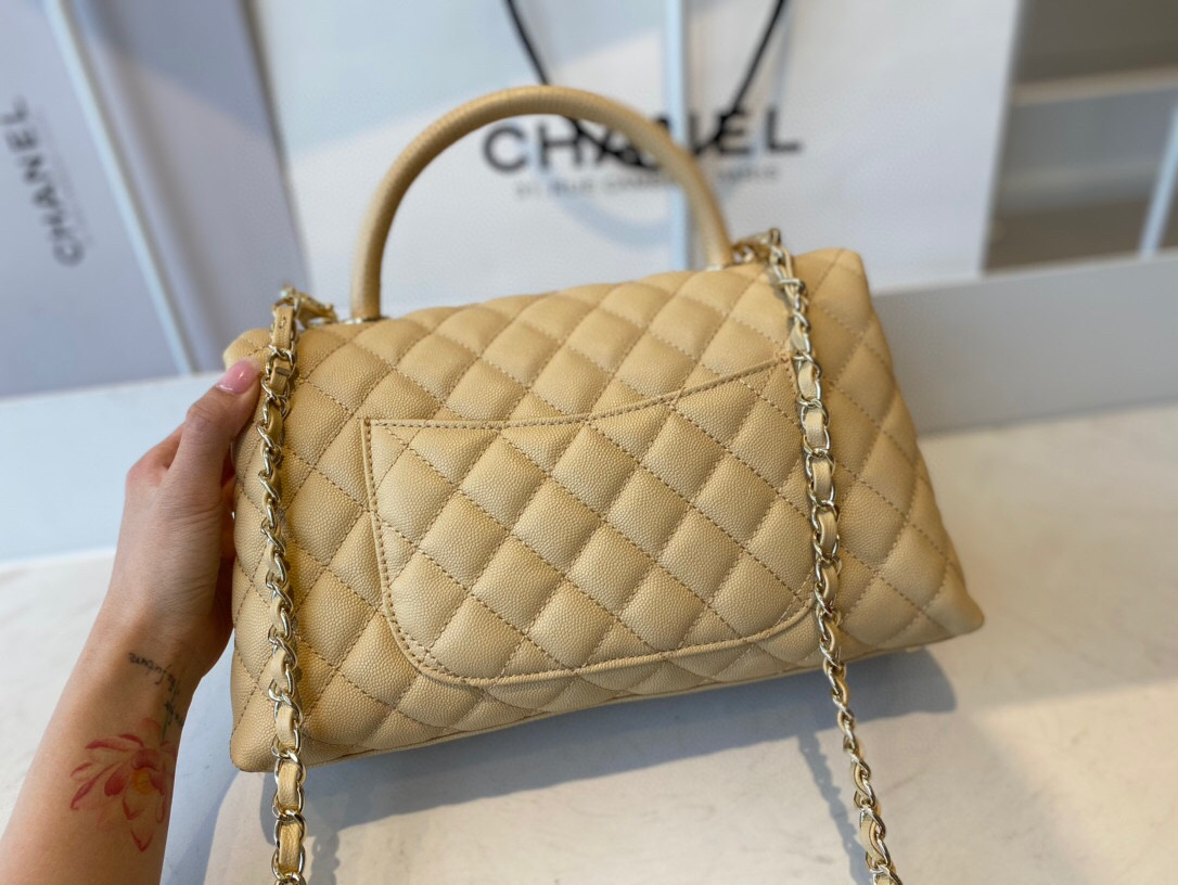 Ch**el small coco handle bag grained leather light beige a92991 28 cm