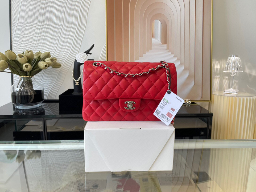 Ch**el classic double flap bag lambskin red a01112 25.5 cm