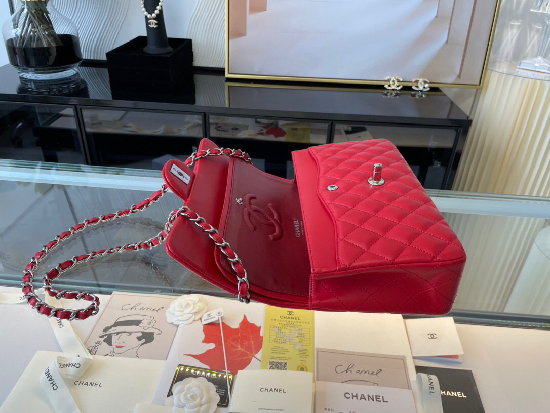 Ch**el classic double flap bag lambskin red a01112 25.5 cm