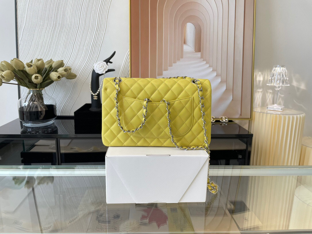 Ch**el classic flap bag yellow lambskin sliver chain a01112 25.5cm