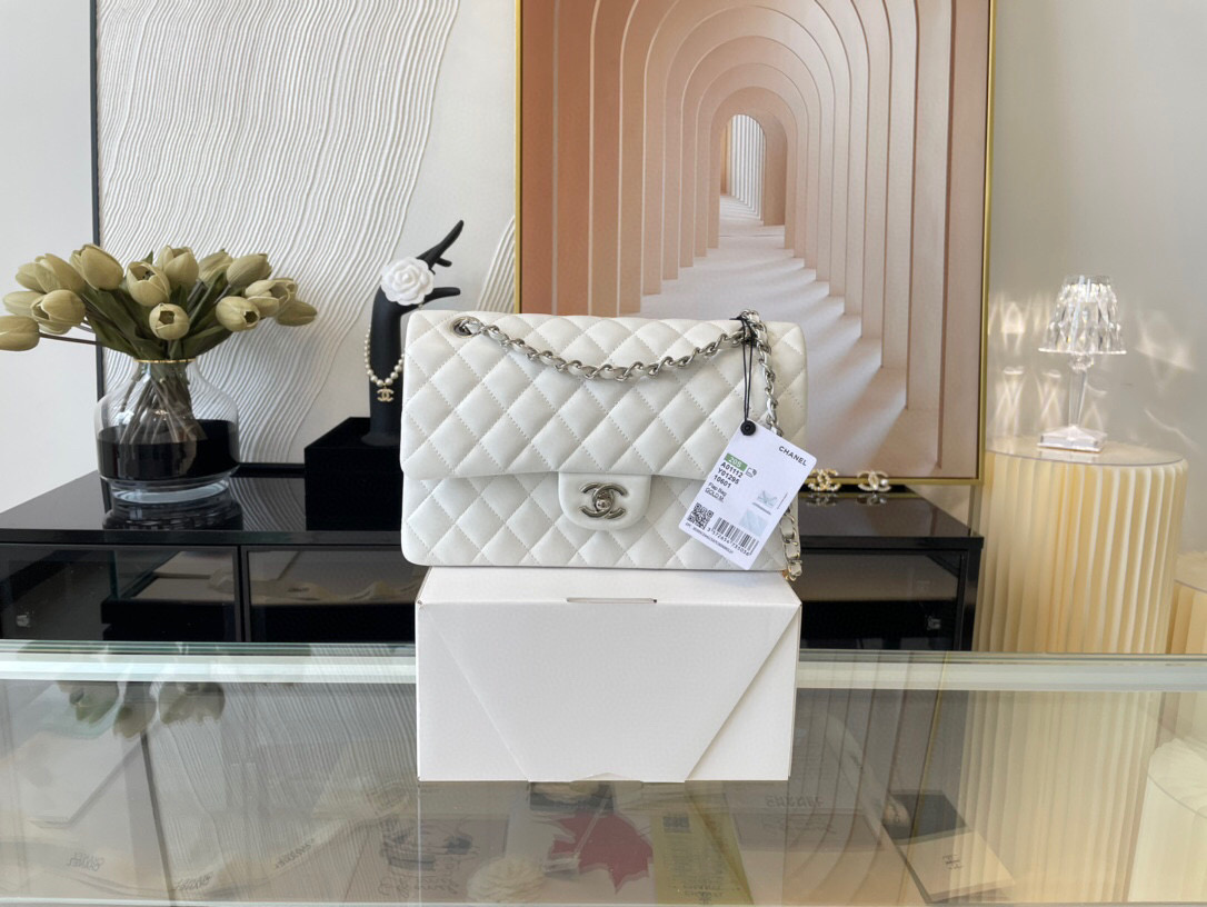 Ch**el classic flap bag white lambskin sliver chain a01112 25.5cm