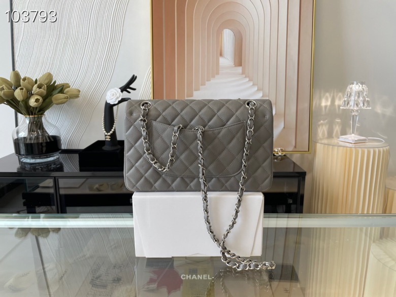Ch**el classic flap bag grey caviar leather sliver chain a01112 25.5cm