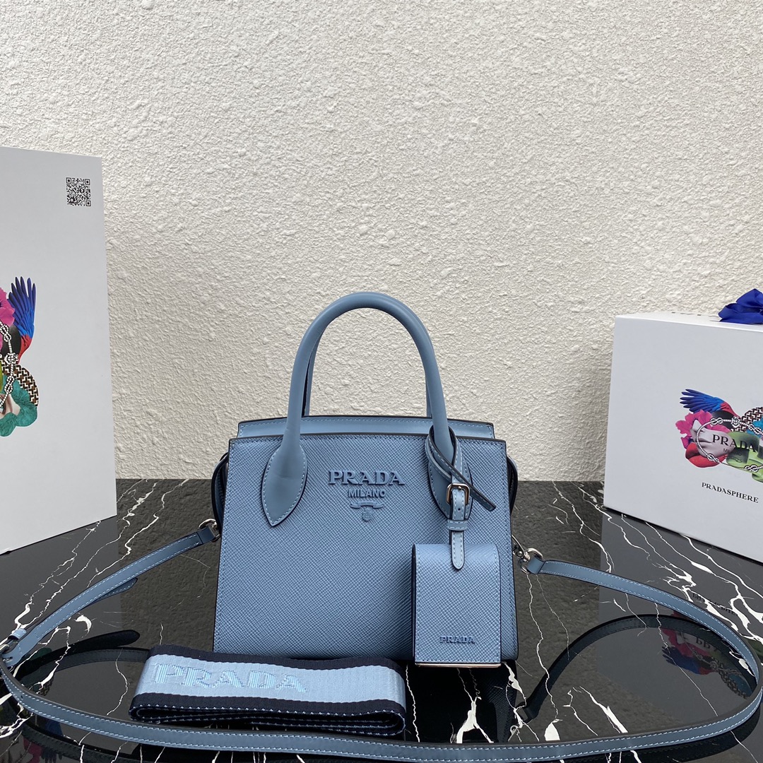 pra*a saffiano leather monoCh*0me bag astral blue 1ba269 22 x 16.5 x 11.5 cm