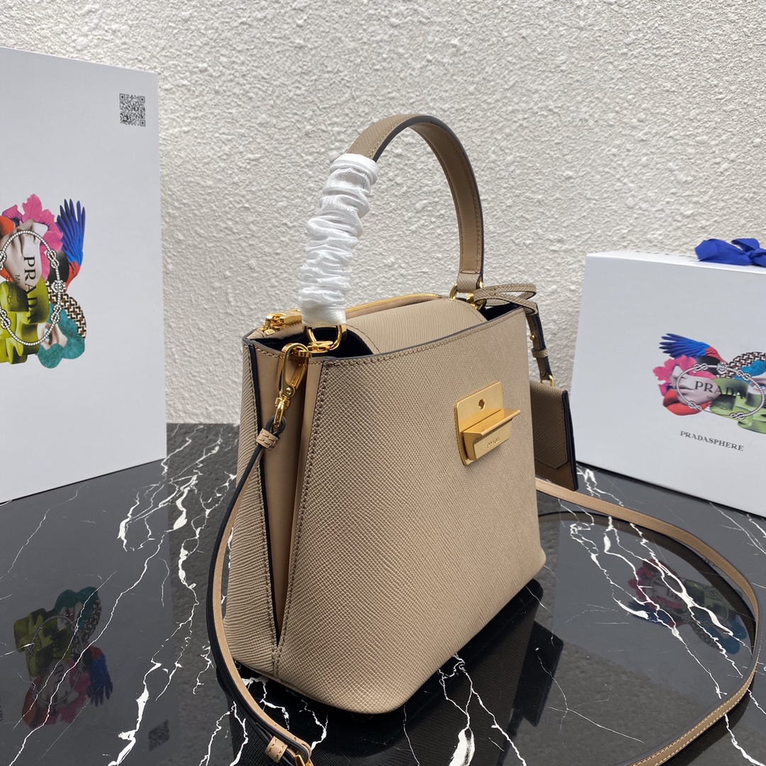 Pra*a saffiano leather tote beige 1bn012 24 × 20 × 12.4 cm